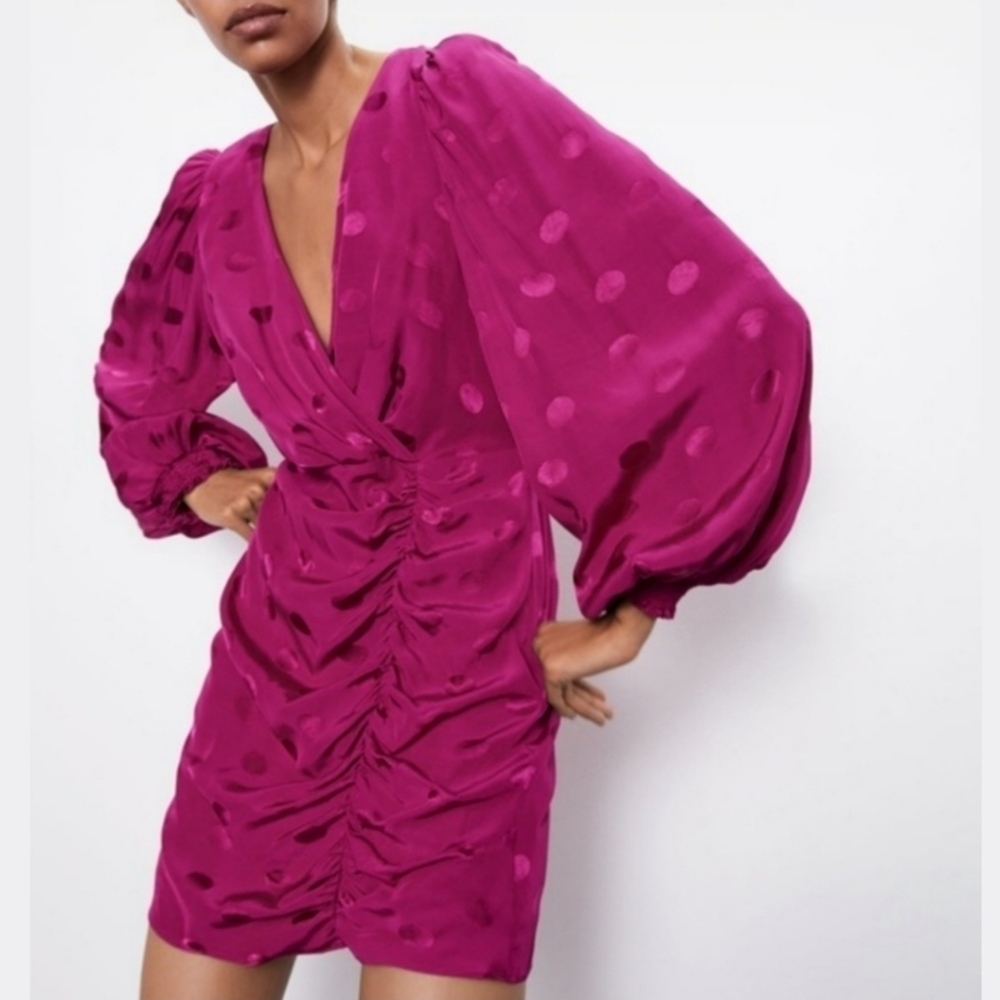 Zara Pink Valentines Polka Dot Wrap Smocked Long Sleeve Satin Mini Dress